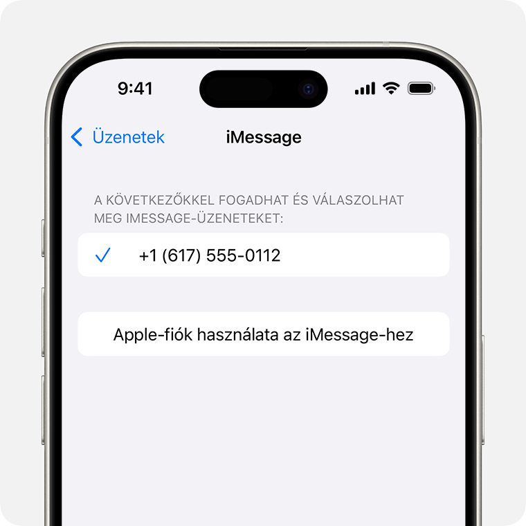 Egy iPhone, amelyen az iMessage beállításainak képernyője látható. Alul található az Apple-fiók használata az iMessage-hez gomb, amelyre rákoppinthat, és így az Apple-fiókjával küldhet és fogadhat iMessage-üzeneteket.