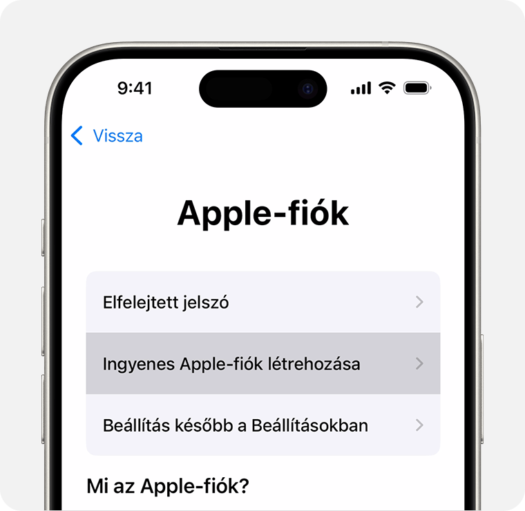 Egy iPhone képernyője, amelyen az Ingyenes Apple-fiók létrehozása lehetőség látható