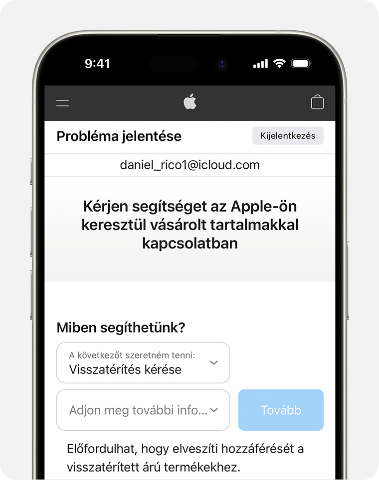 iPhone, amelyen a probléma jelentésére szolgáló webhely látható, ahol visszatérítést is kérhet. Miután kiválasztotta a Visszatérítés kérése lehetőséget, adja meg, hogy miért kér visszatérítést.