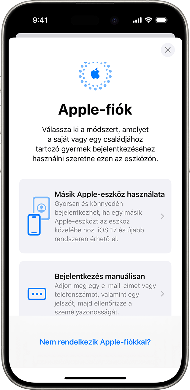 Az iPhone beállításaiban bejelentkezhet manuálisan az Apple-fiókjával, vagy használhat egy másik Apple-eszközt a bejelentkezéshez.