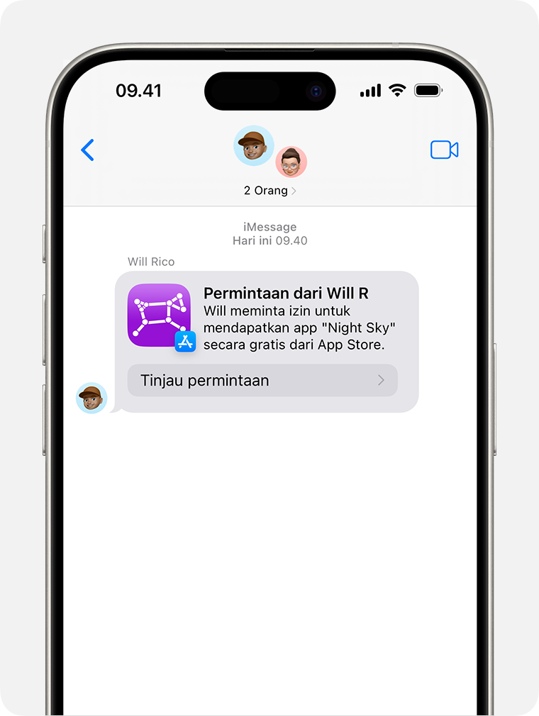 Anda dapat menemukan pemberitahuan Minta Izin Pembelian di Pesan.