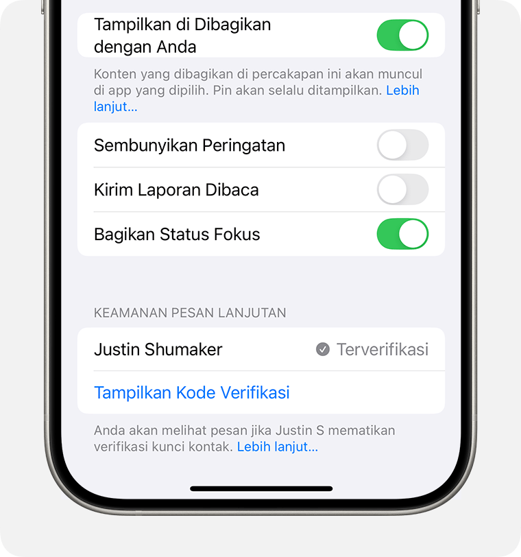 Di Detail Percakapan, Anda dapat memeriksa status verifikasi kontak.