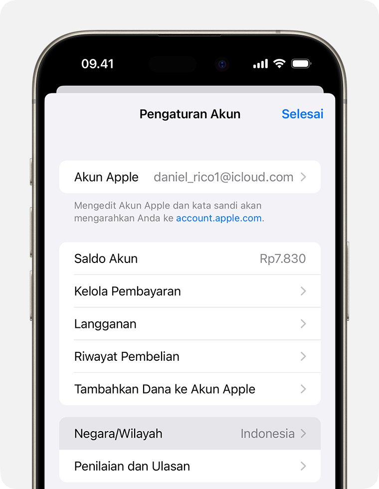 iPhone menampilkan Negara/Wilayah di Pengaturan Akun