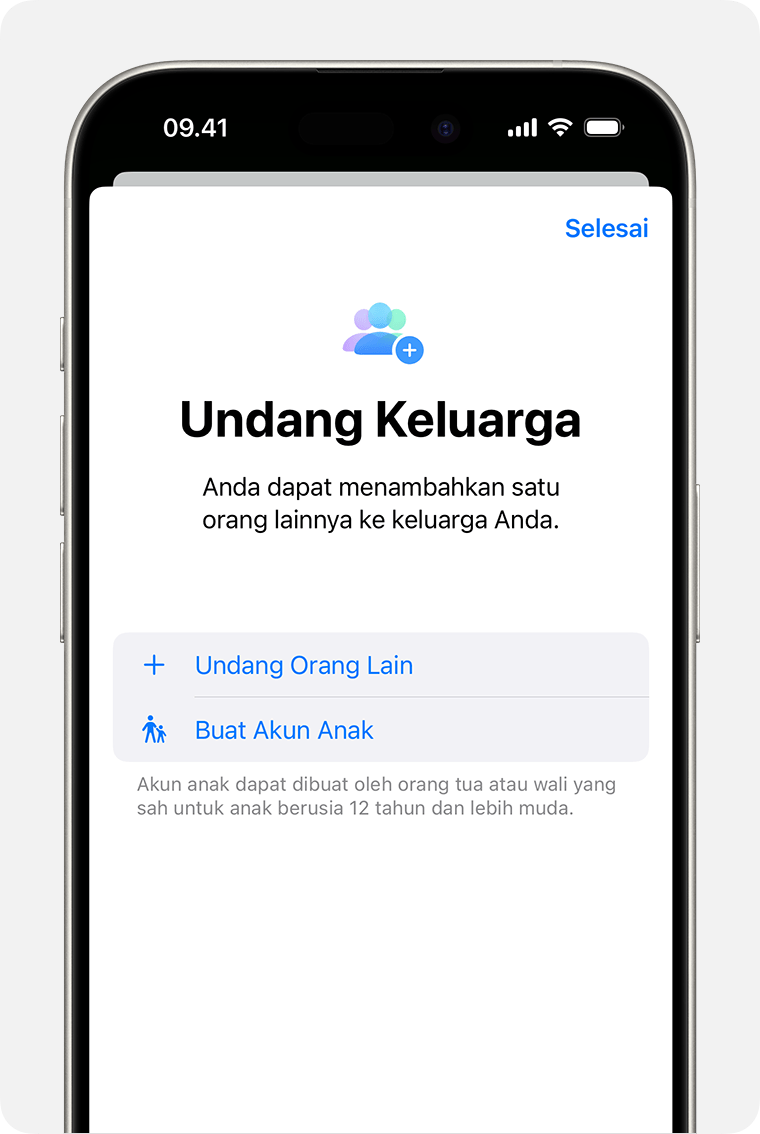 iPhone menunjukkan undangan Keluarga Berbagi, termasuk pilihan untuk Membuat Akun Anak