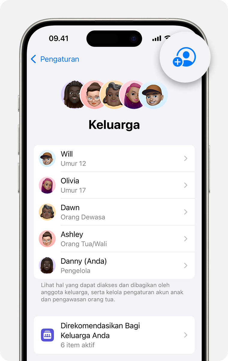 Pengaturan iPhone menunjukkan pengaturan Keluarga, dengan tombol Tambah Anggota disorot