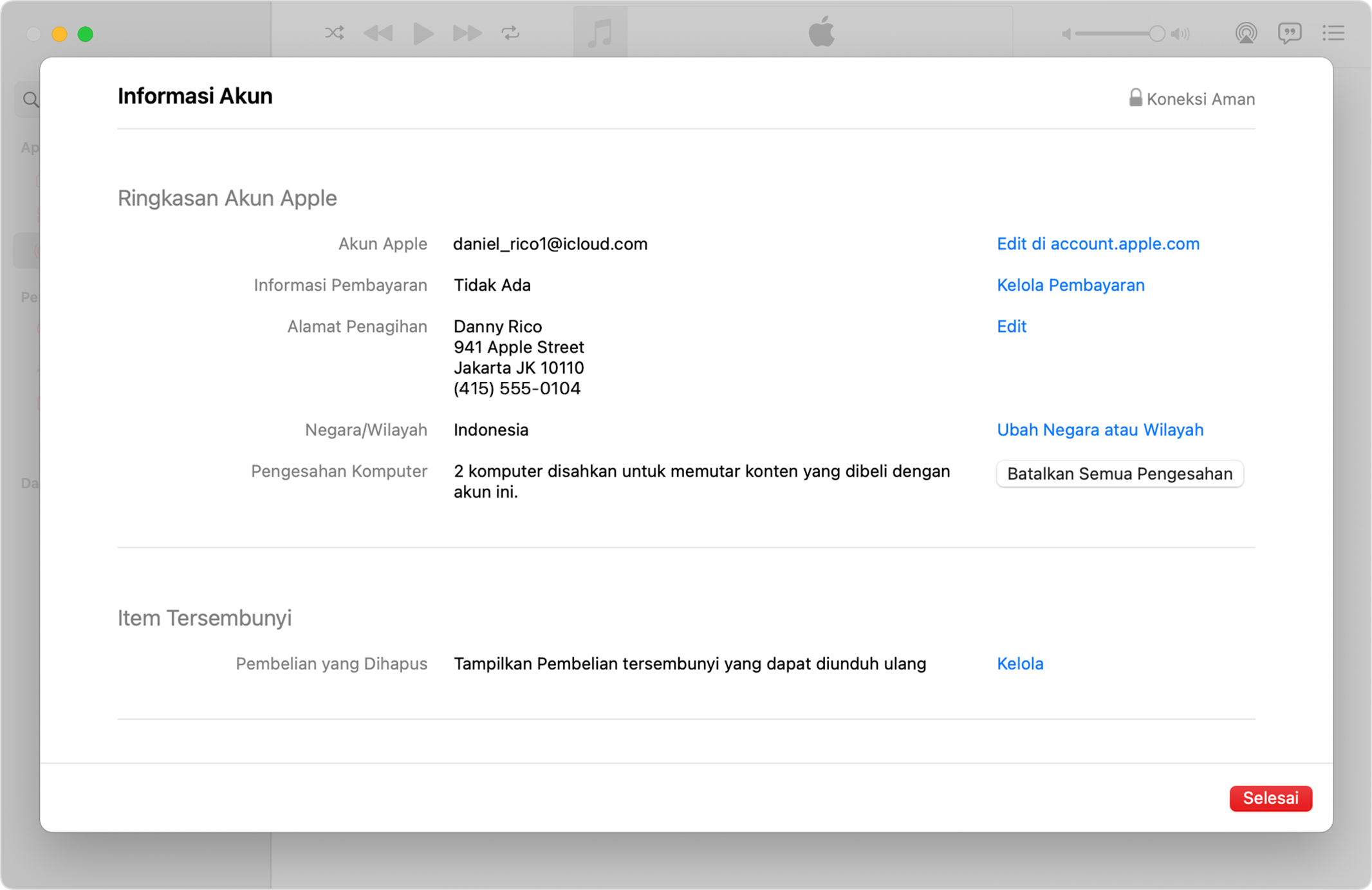 App Apple Music di Mac menampilkan halaman Informasi Akun dan tombol Batalkan Semua Pengesahan
