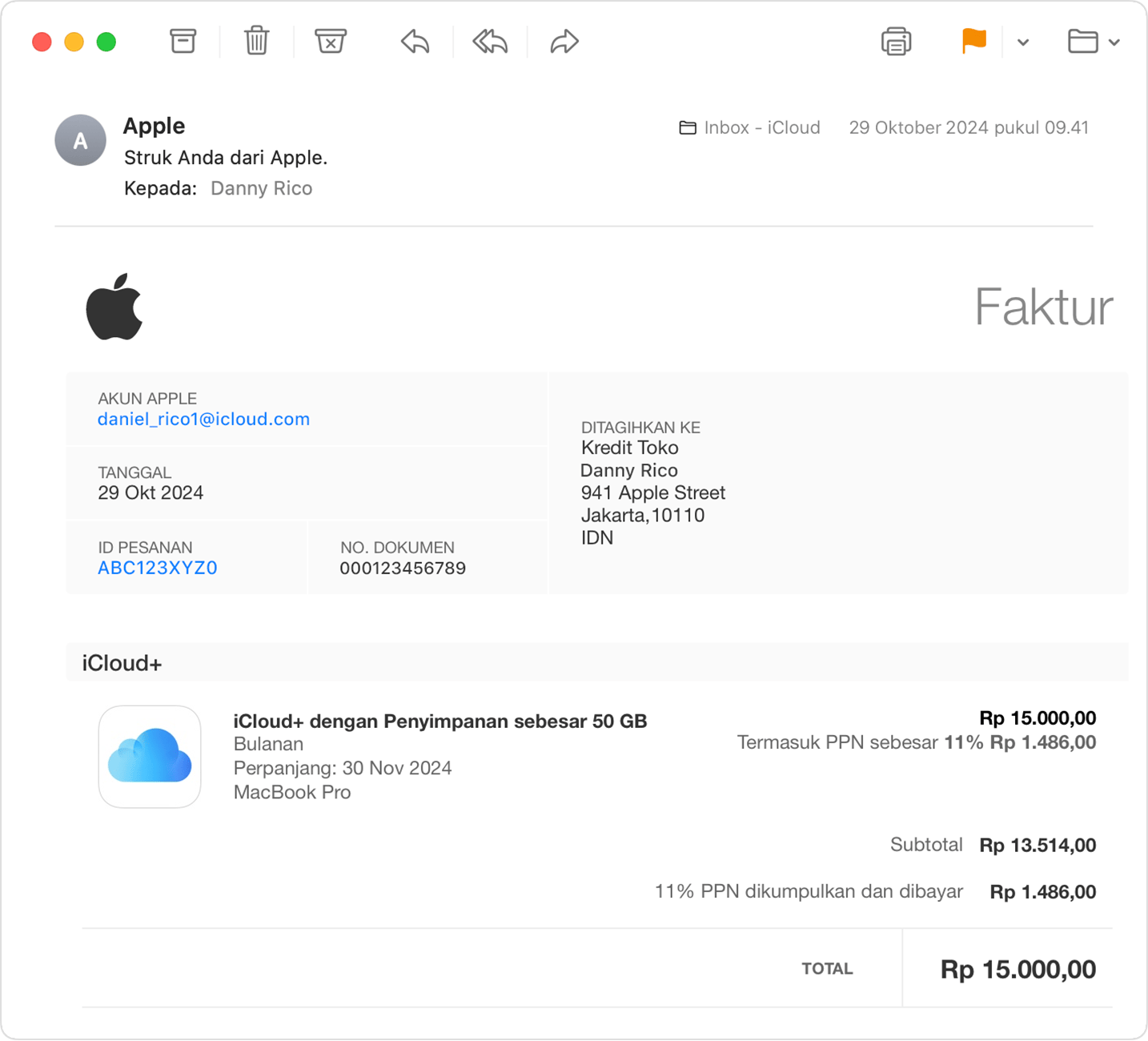 Gambar yang menunjukkan tanda terima dari Apple di inbox Mail iCloud.