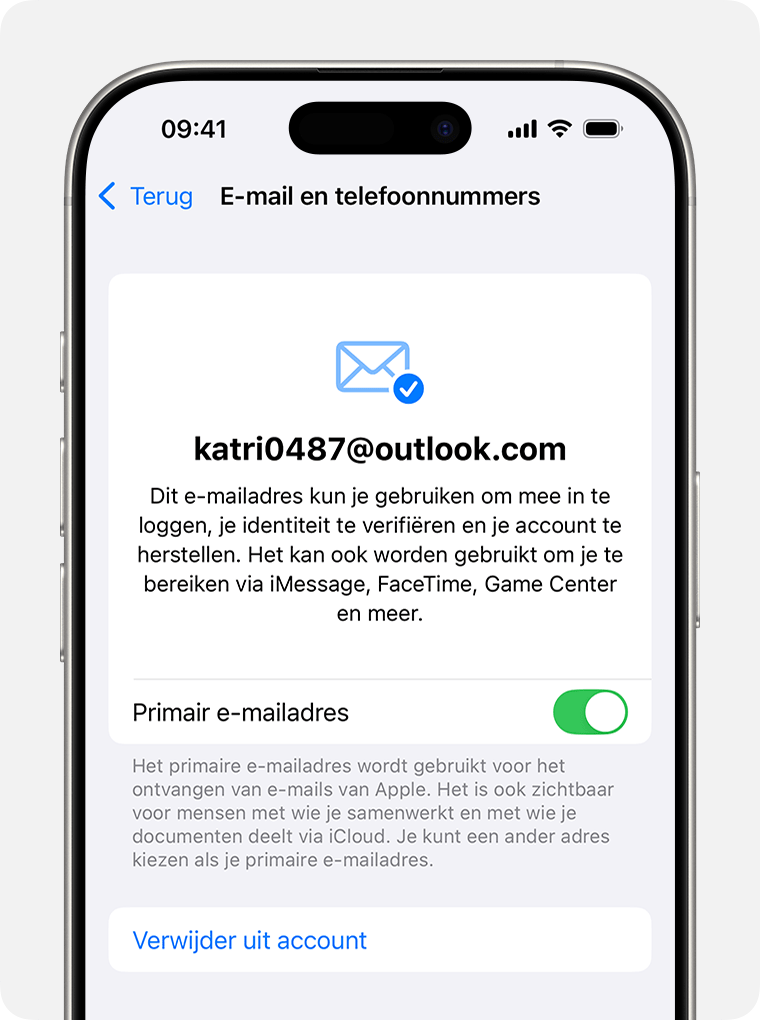 iPhone met Apple Account-instellingen en opties voor het wijzigen van een primair e-mailadres