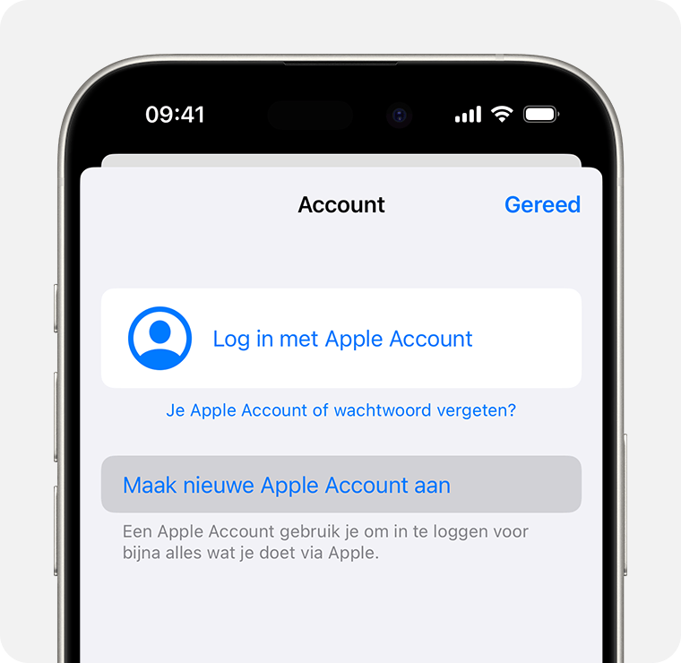 iPhone-scherm met de optie 'Maak nieuwe Apple Account aan'