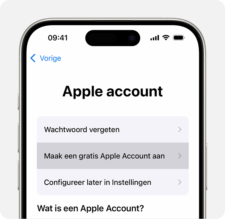 iPhone-scherm met de optie 'Maak een gratis Apple Account aan'