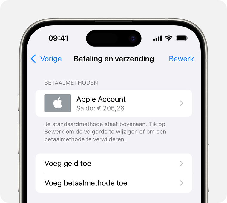 Een iPhone-scherm met de instellingen voor 'Betaling en verzending' voor een Apple Account. Om een betaalmethode toe te voegen tik je op 'Voeg betaalmethode toe'.