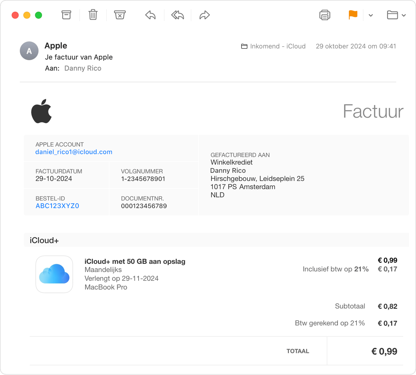 Een afbeelding met een ontvangstbewijs van Apple in een iCloud Mail-inbox.