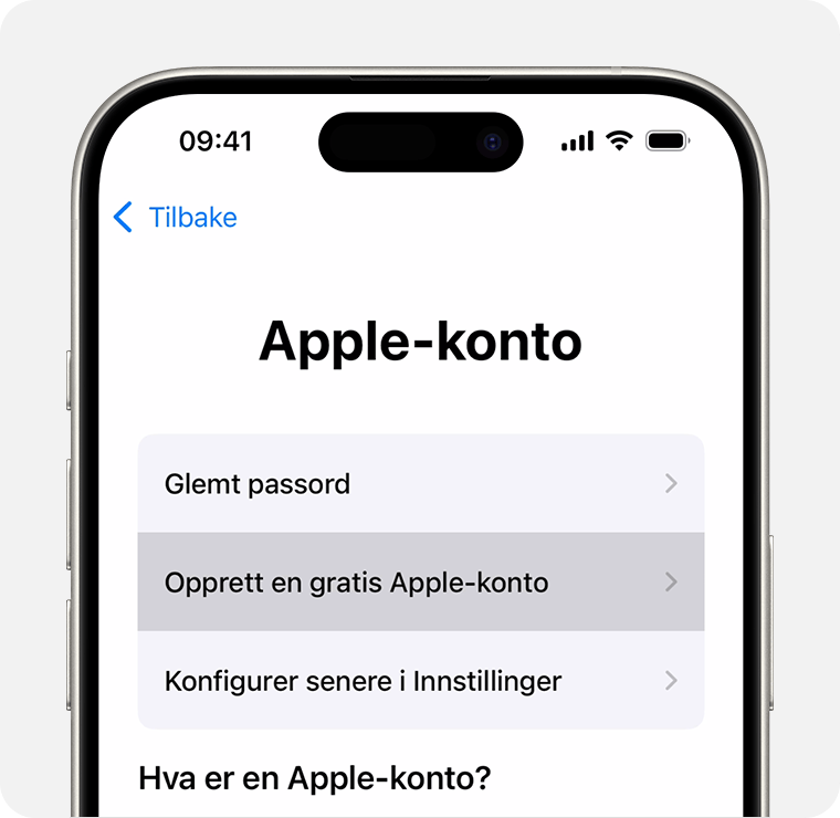 iPhone-skjerm der alternativet Opprett en gratis Apple-konto vises