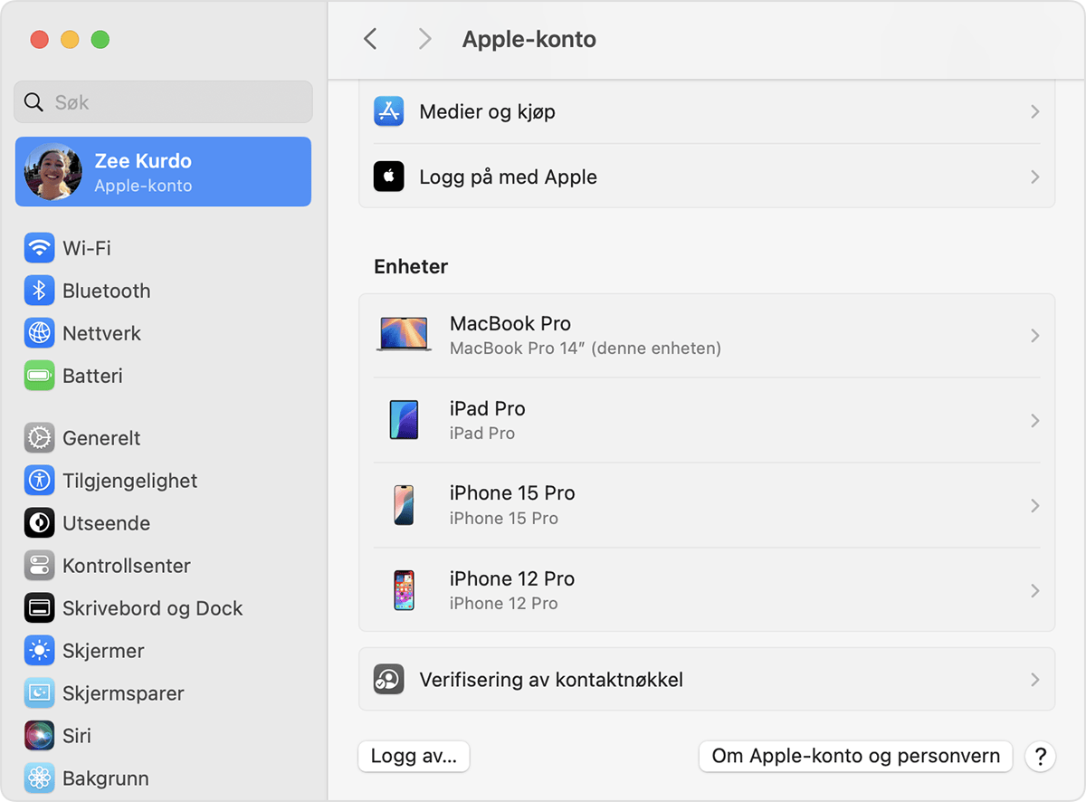 Logg av-knappen er nederst i Apple-kontoinnstillingene i macOS.