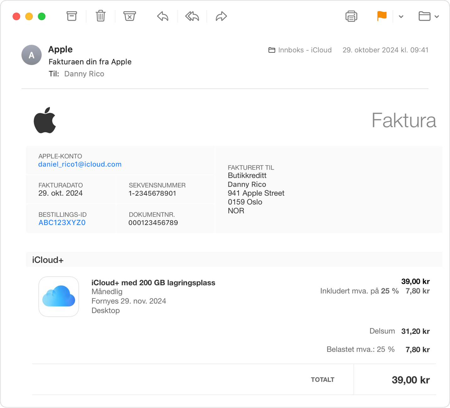 Et bilde som viser en kvittering fra Apple i en iCloud Mail-innboks.