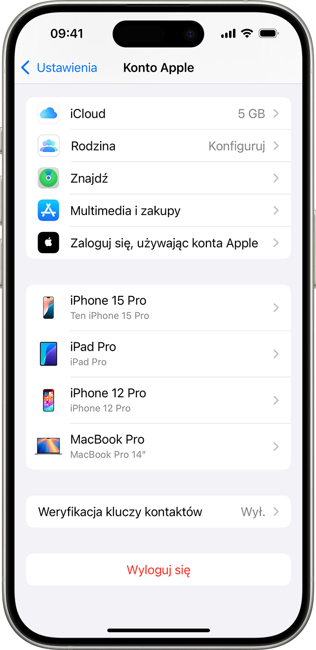 Przycisk Wyloguj się znajduje się na dole sekcji ustawień konta Apple w systemie iOS.