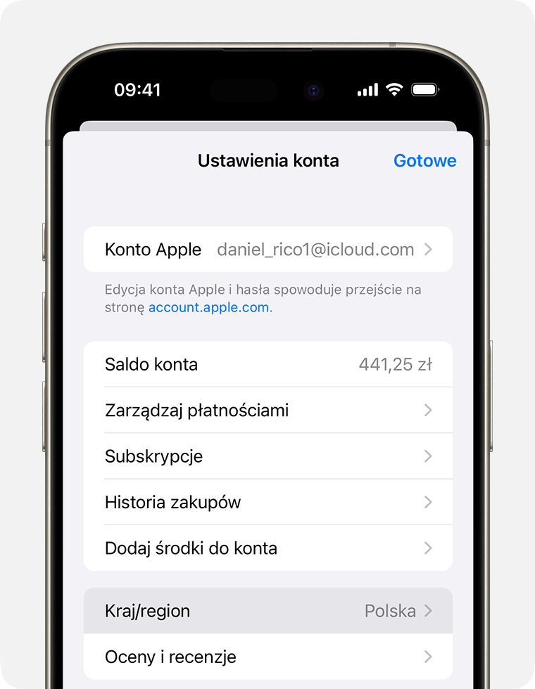 iPhone pokazujący ustawienie Kraj/region w obszarze Ustawienia konta