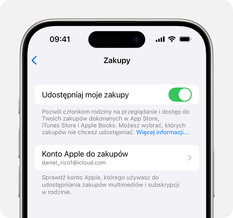 Ekran iPhone’a pokazujący jak włączyć opcję Udostępnij moje zakupy.