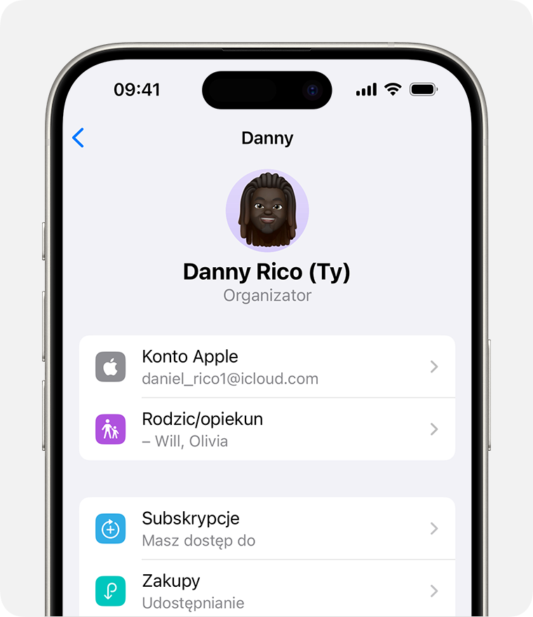 Ekran iPhone’a pokazujący konto Apple organizatora rodziny.