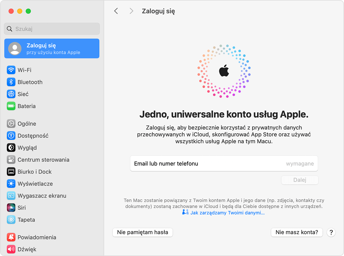 Logowanie się na swoim koncie Apple na Macu