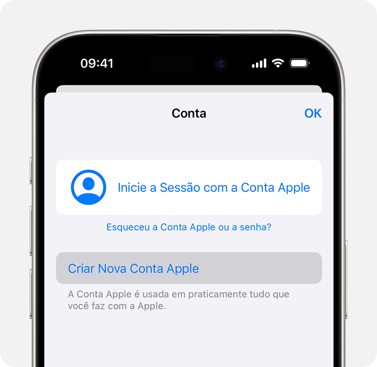 Tela do iPhone mostrando a opção de Criar Nova Conta Apple