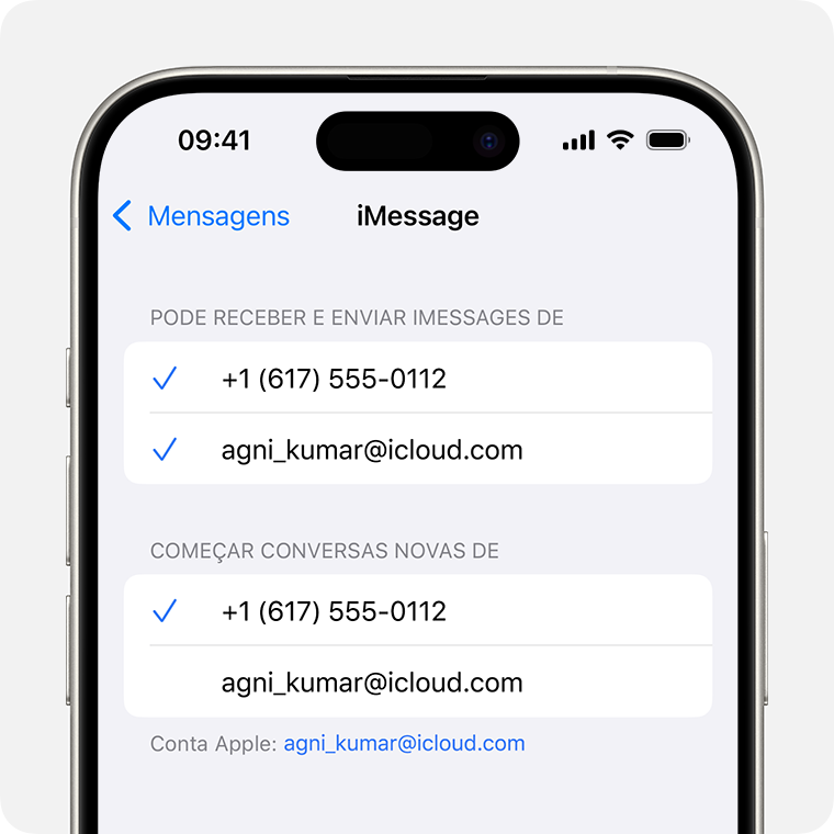 iPhone a mostrar o ecrã de definições do iMessage com opções para selecionar o número de telefone ou endereço de e-mail que gostaria de utilizar para receber iMessages, responder a iMessages e iniciar novas conversas.