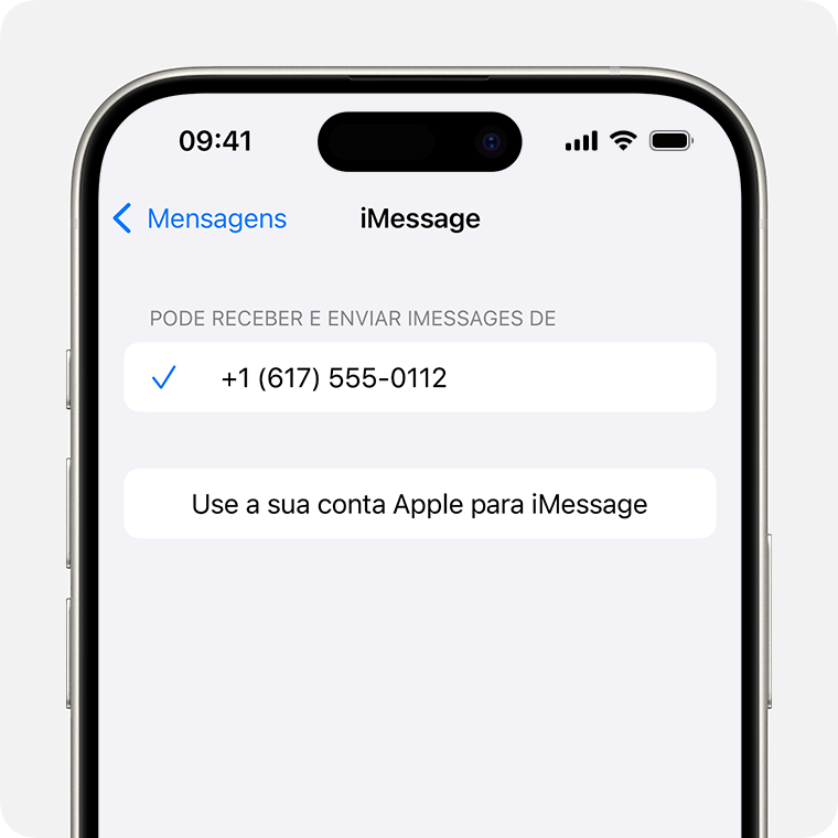 iPhone a mostrar o ecrã de definições do iMessage. Na parte inferior, existe um botão Use a sua conta Apple para iMessage em que pode tocar para utilizar a sua conta Apple para enviar e receber iMessages.