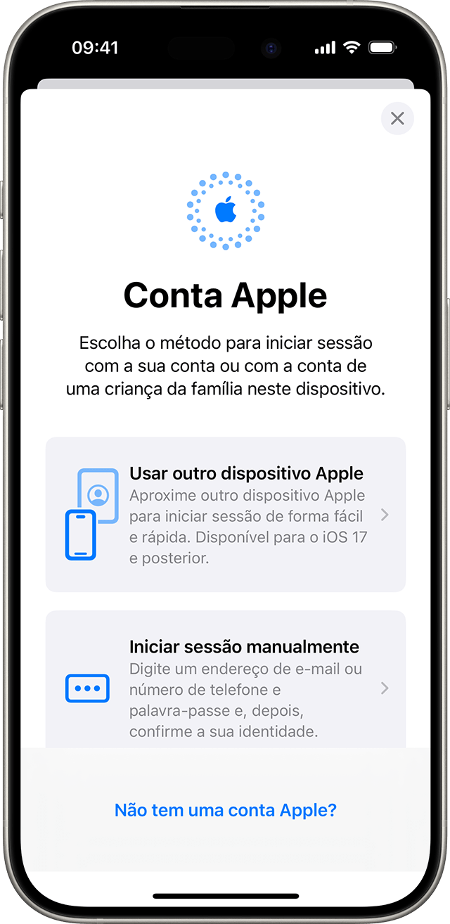 Nas definições do iPhone, pode iniciar sessão manualmente na conta Apple ou utilizar outro dispositivo Apple.