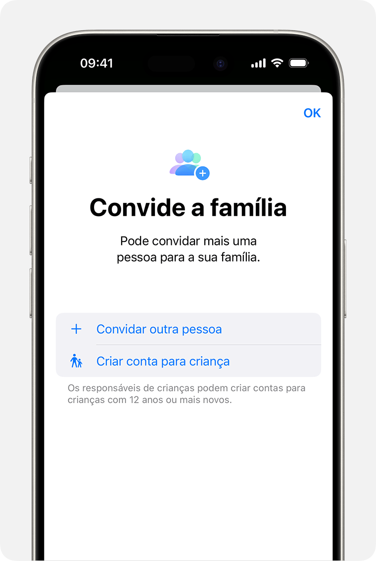 iPhone a apresentar um convite para a Partilha com a família, incluindo a opção para Criar conta de criança