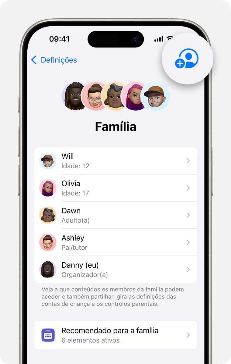 As definições do iPhone a mostrar as definições da Família, com o botão Adicionar contacto destacado