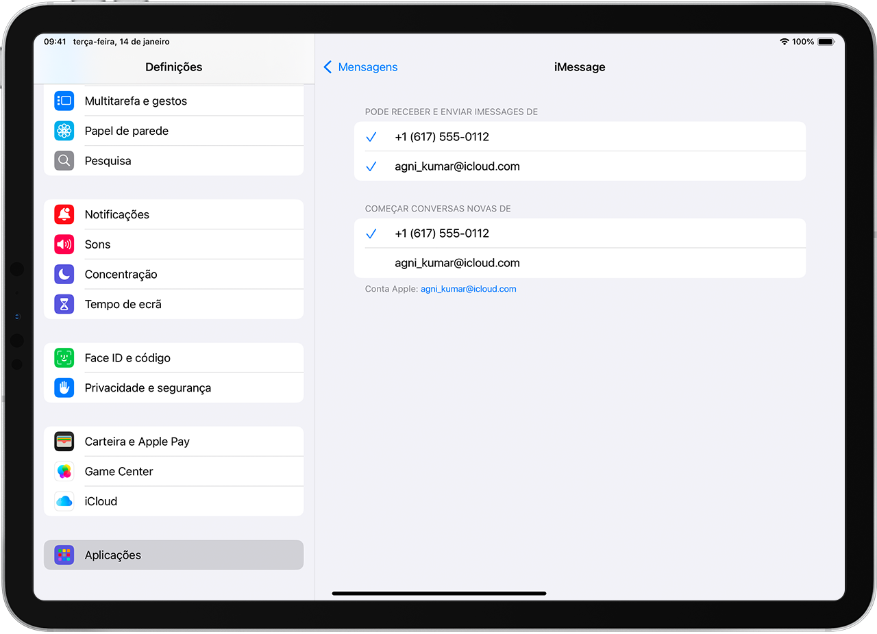 iPad a apresentar o ecrã de definições do iMessage com opções para selecionar o número de telefone ou endereço de e-mail que pretende utilizar para receber iMessages, responder a iMessages e iniciar novas conversas.