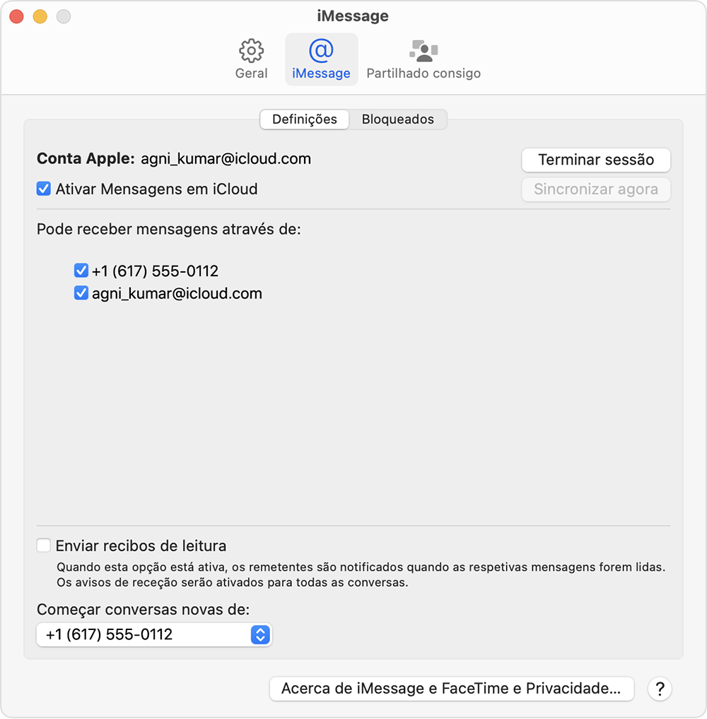 Ecrã de definições do iMessage num Mac com opções para selecionar o número de telefone ou endereço de e-mail que pretende utilizar para receber iMessages e iniciar novas conversas.