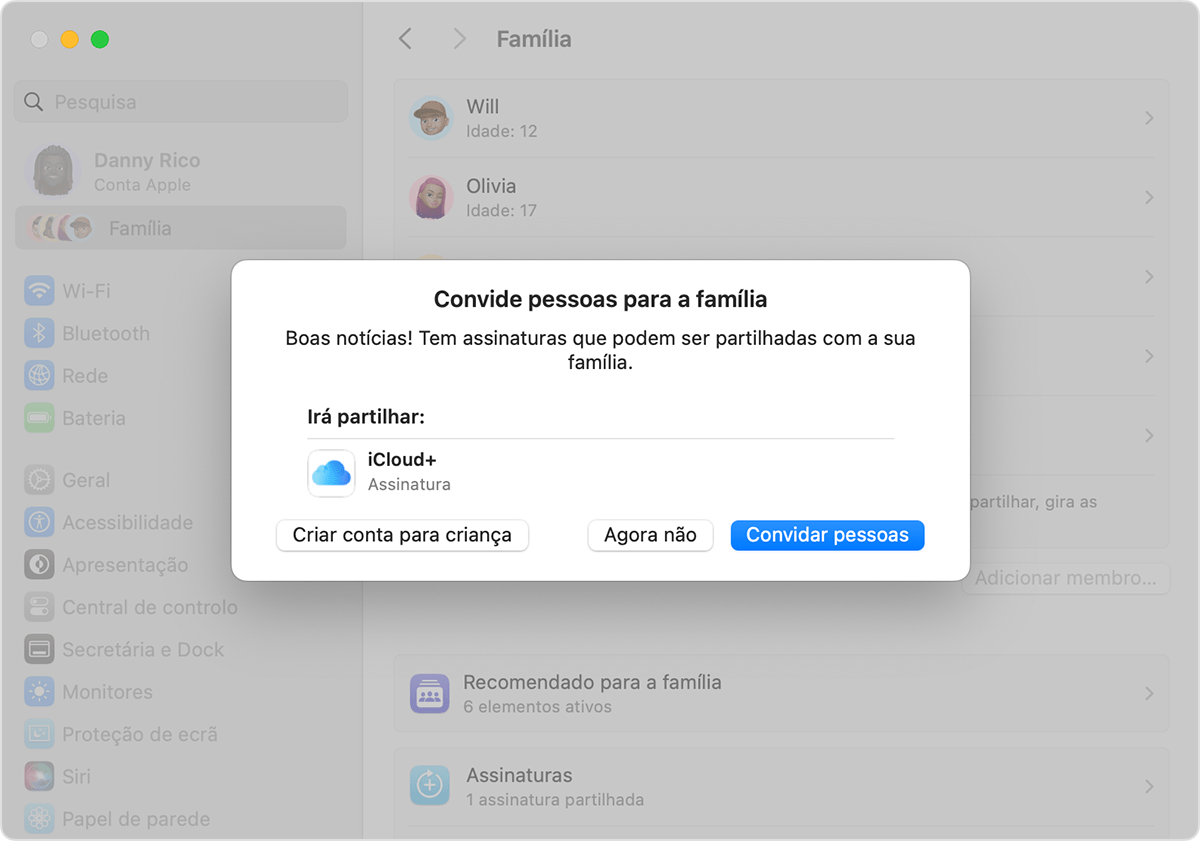 As definições do sistema do Mac a mostrar o convite para a Partilha com a família e o botão Criar conta de criança