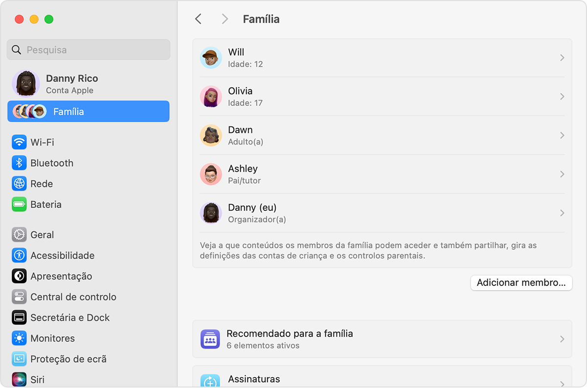 As Definições do sistema do Mac a mostrar as definições da Família, incluindo o botão para Adicionar contacto