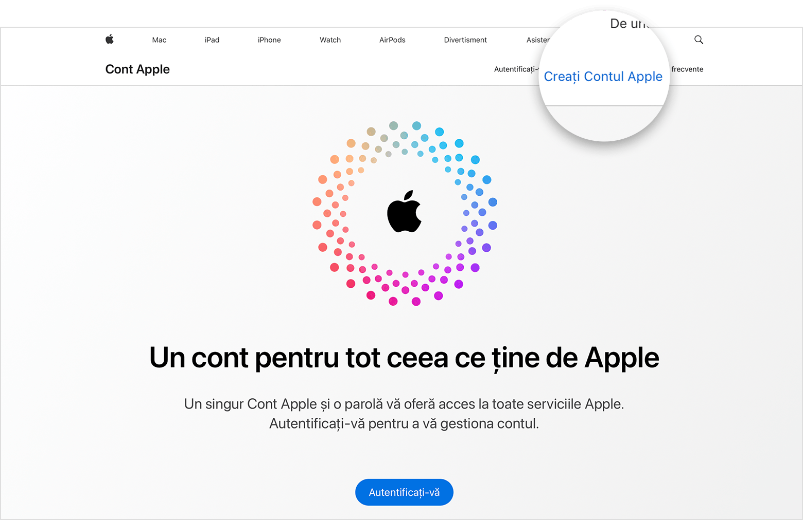 Ecran web care arată linkul către Creați un cont Apple