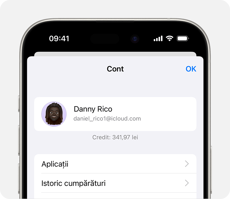 Ecranul Cont din App Store pe iOS, cu soldul contului afișat.