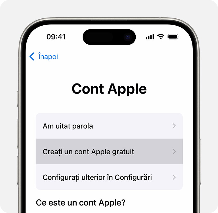 Ecranul iPhone care arată opțiunea de a selecta Creați un cont Apple gratuit