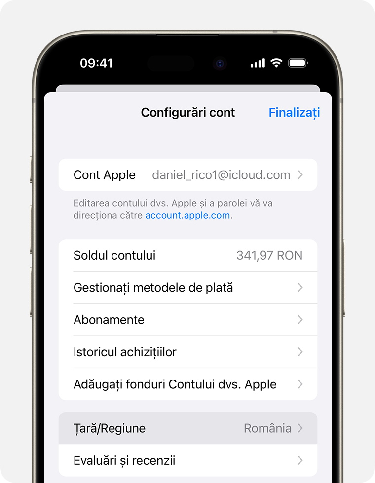 iPhone care afișează Țara/Regiunea în Configurări cont