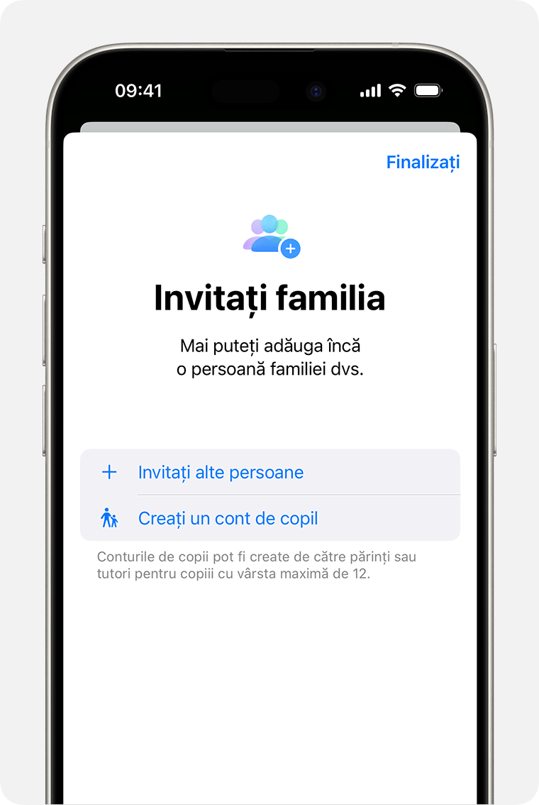 iPhone care afișează o invitație de Partajare familială, inclusiv opțiunea de a crea un cont de copil