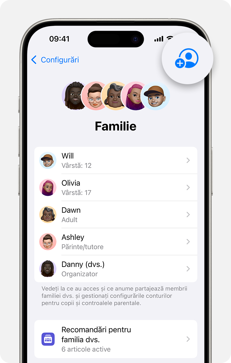 Configurările iPhone care afișează configurările pentru familie, cu butonul Adăugați un membru evidențiat