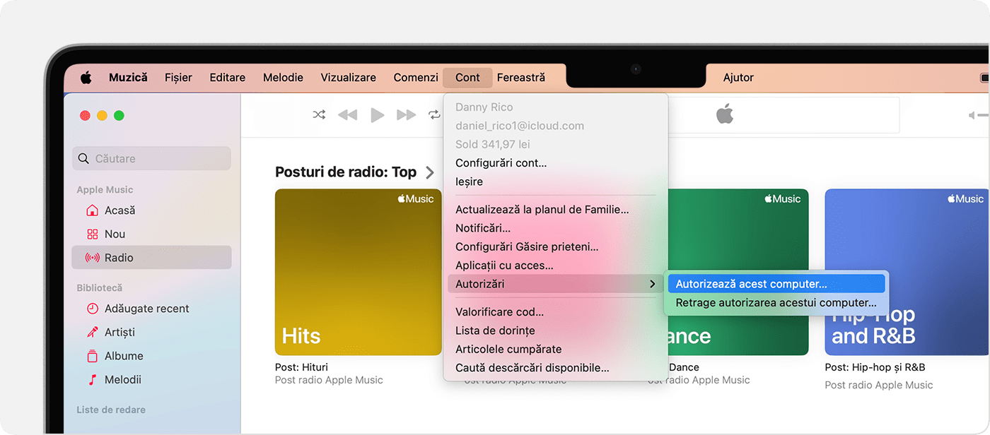 Aplicația Apple Music pe computerul Mac care afișează opțiunea Autorizează acest computer sau retrage autorizarea acestui computer