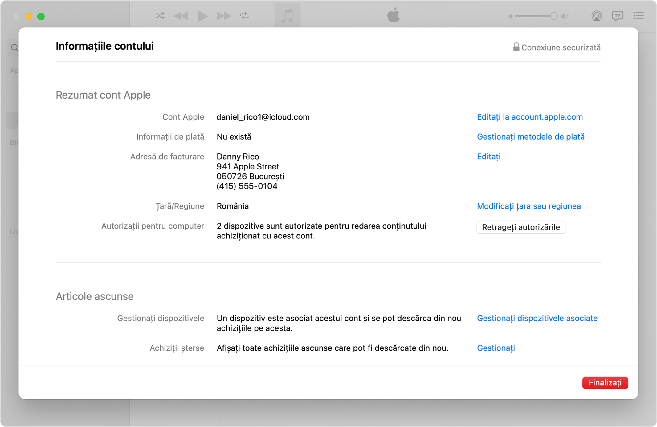 Aplicația Apple Music de pe computerul Mac care afișează pagina Informații cont și butonul Retrage autorizarea tuturor