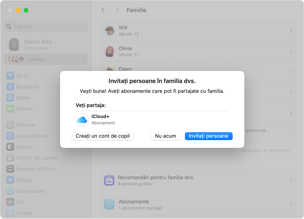 Configurări sistem pe Mac care afișează invitația de Partajare familială și butonul Creați un cont de copil