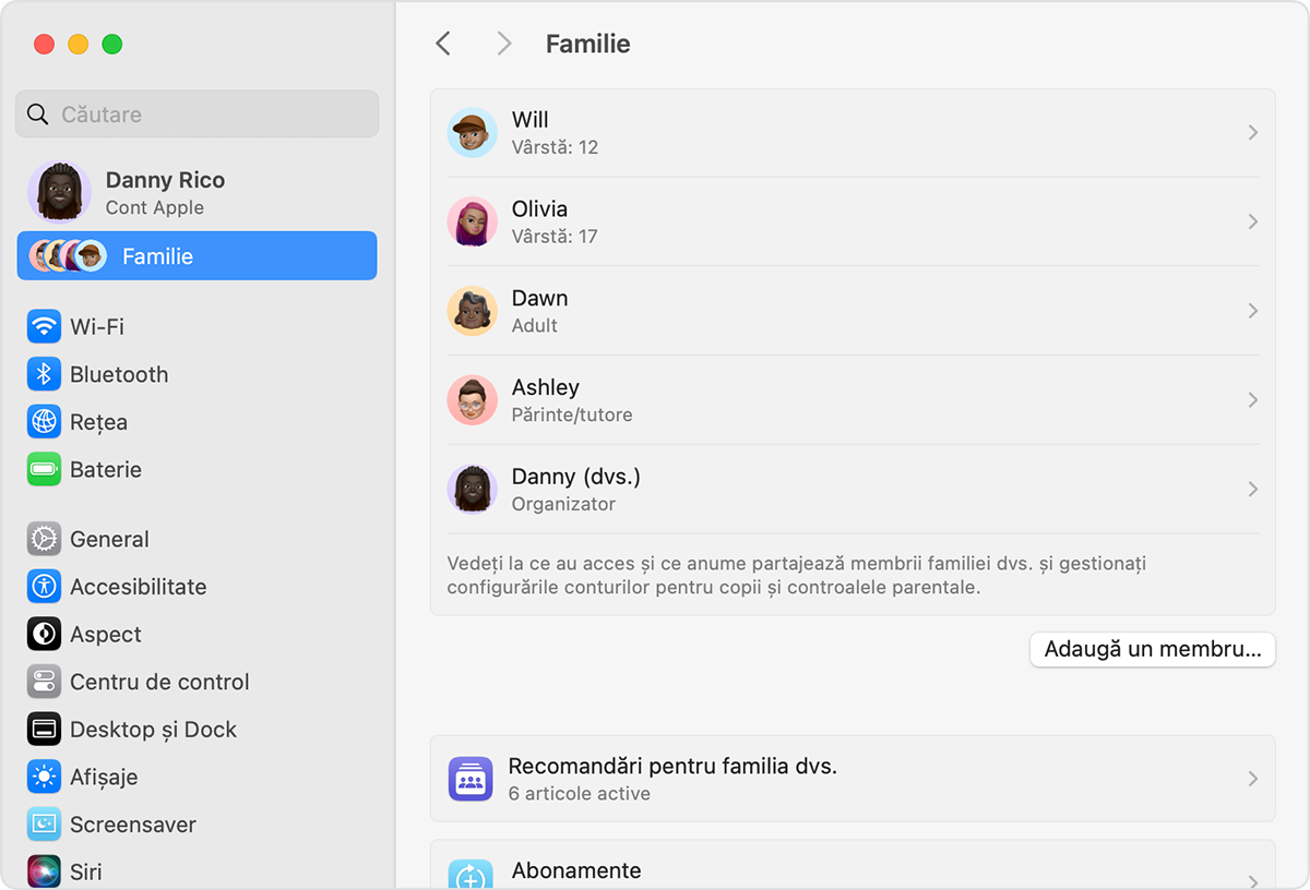 Configurări sistem pe Mac care afișează configurările pentru familie, inclusiv butonul Adăugați un membru