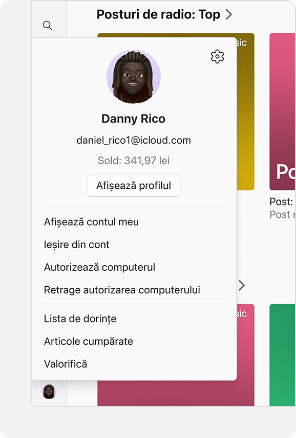 Meniul Cont din Apple Music pentru Windows, cu soldul contului afișat.