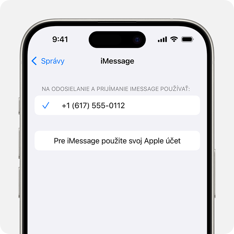 iPhone so zobrazenou obrazovkou nastavení iMessage. V dolnej časti sa nachádza tlačidlo „Pre iMessage použite svoj Apple účet“, na ktoré môžete klepnúť, ak chcete na odosielanie a prijímanie správ iMessage použiť svoj Apple účet.