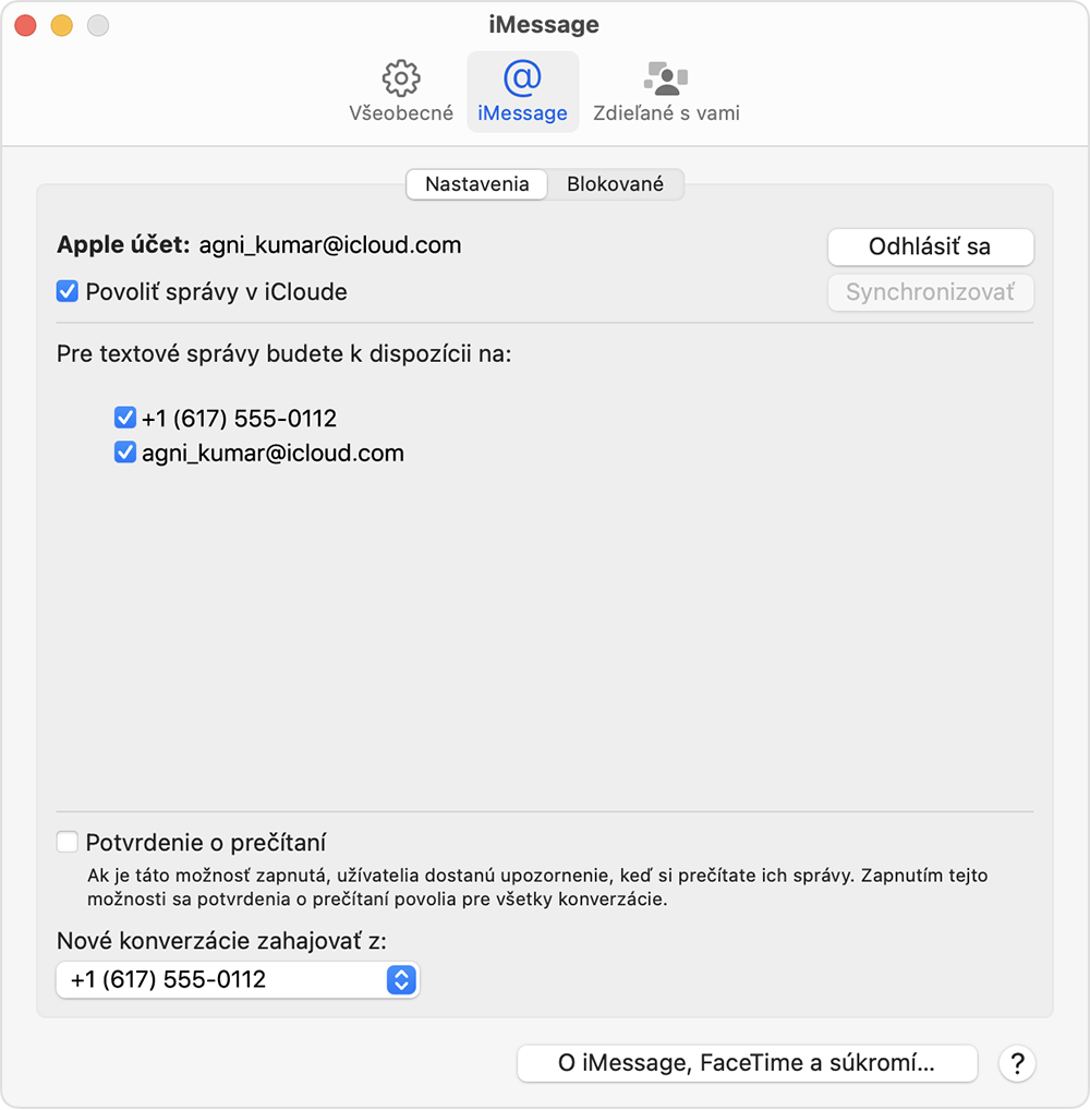 Obrazovka nastavení služby iMessage na Macu s možnosťami výberu telefónneho čísla alebo e-mailovej adresy, ktoré chcete používať na prijímanie správ iMessage a začatie nových konverzácií.