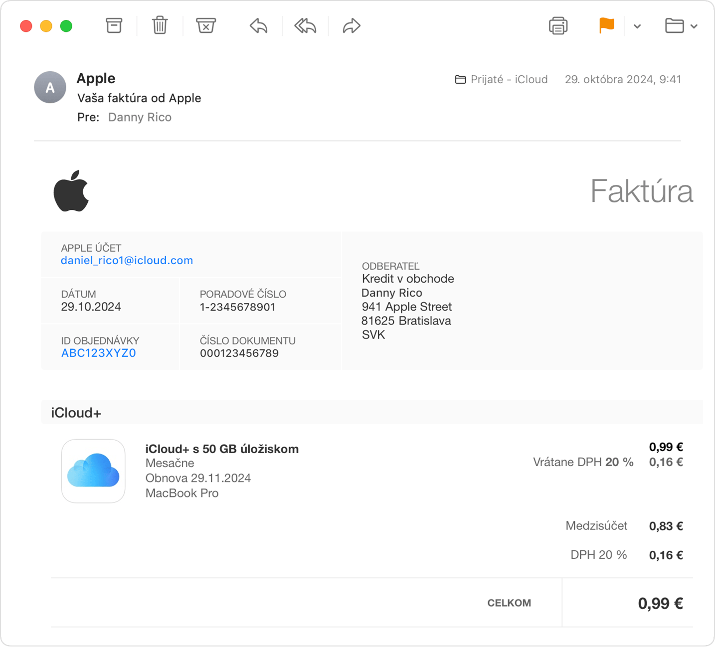 Obrázok potvrdenia od spoločnosti Apple v schránke prijatých správ služby iCloud Mail.