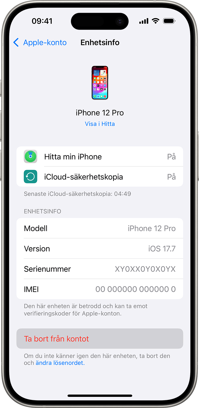 iPhone visar knappen Ta bort från konto för en enhet