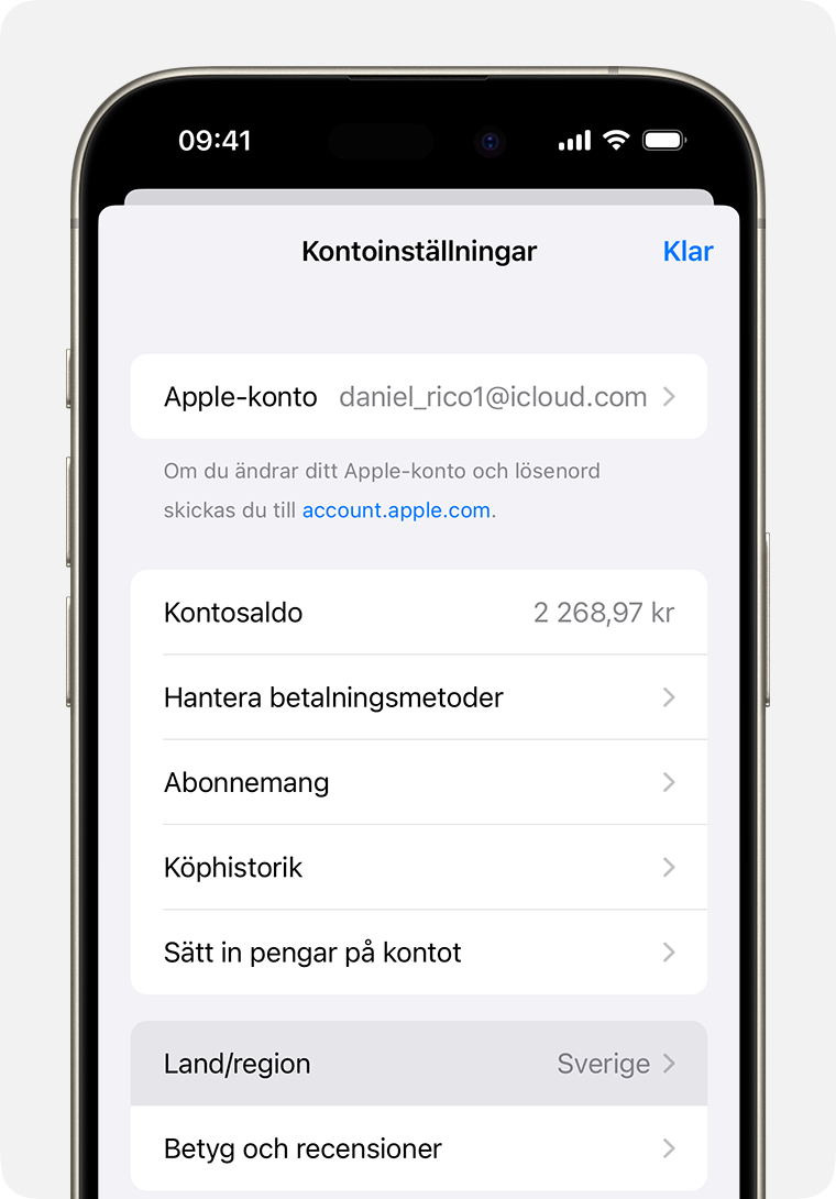 iPhone visar Land/Region i Kontoinställningar